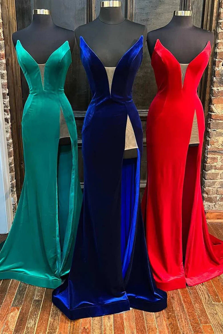 Velvet Strapless Mermaid Long Formal Dress with Slit