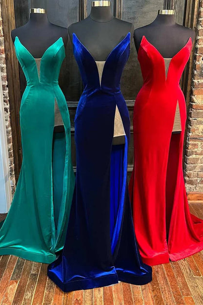 Velvet Strapless Mermaid Long Formal Dress with Slit