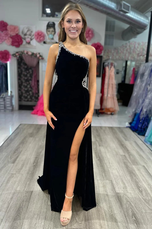 Velvet shoulder beaded long formal dress