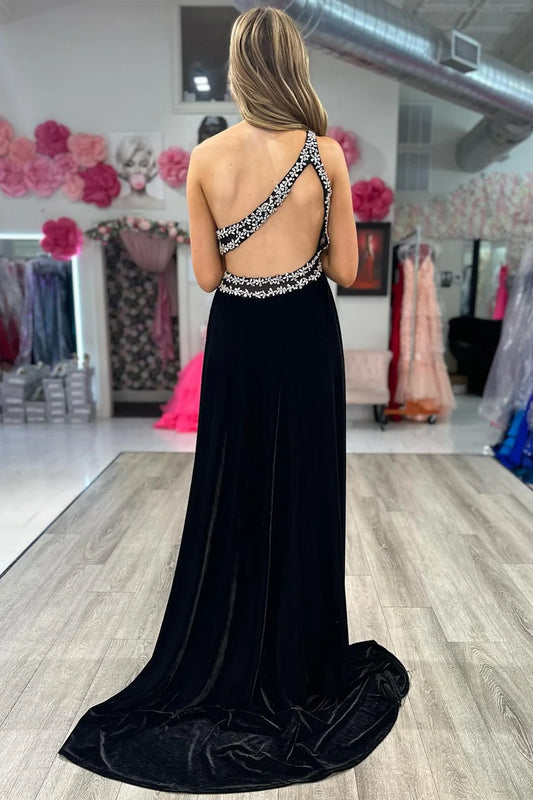 Velvet shoulder beaded long formal dress