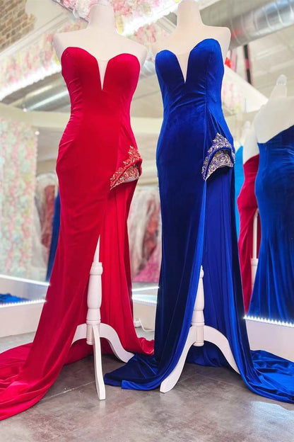 Velvet strapless mermaid long ball dress with slit