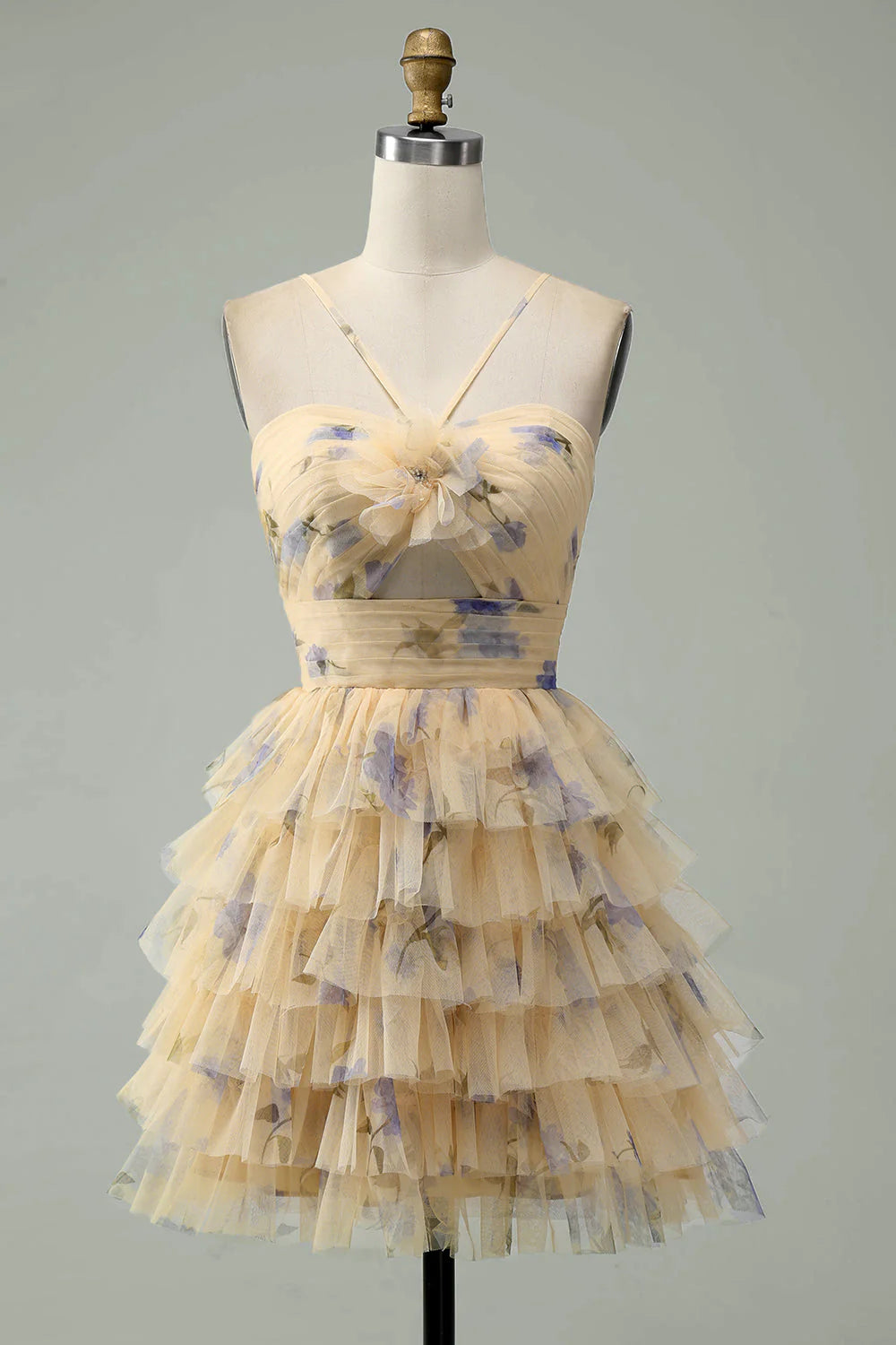 Yellow floral A-line halter tiered short homecoming dress.
