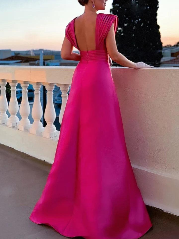 Vibrant Fuchsia Satin Evening Dress with Plunge V-Neck, Pleated Cap Sleeves & Low Open Back