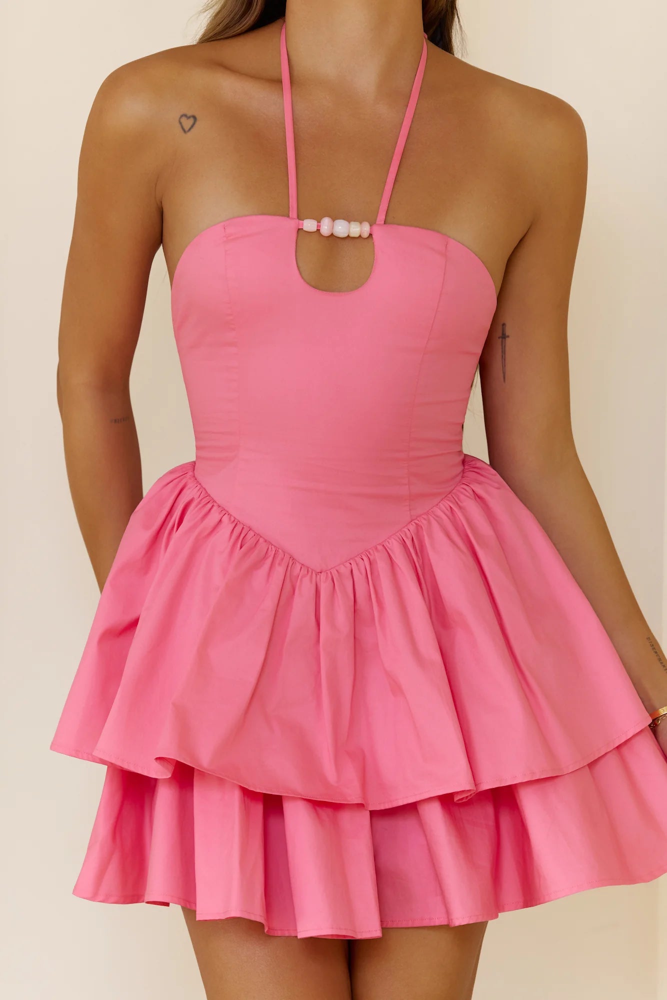 Vibrant Hot Pink Halter Neck Mini Dress with Beaded Keyhole Accent, Tiered Ruffle Flounce Skirt, Open Back Tie Closure and Structured Bodice