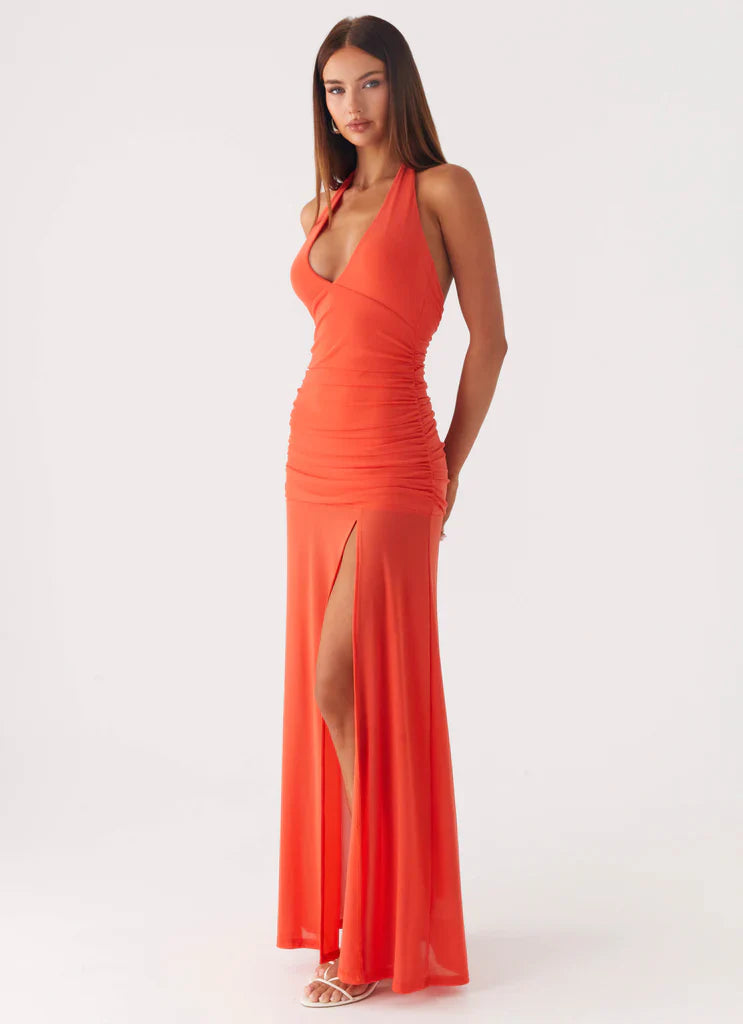Vibrant Orange Halter Neck Ruched Maxi Prom Dress For Glam Formal Evening Events