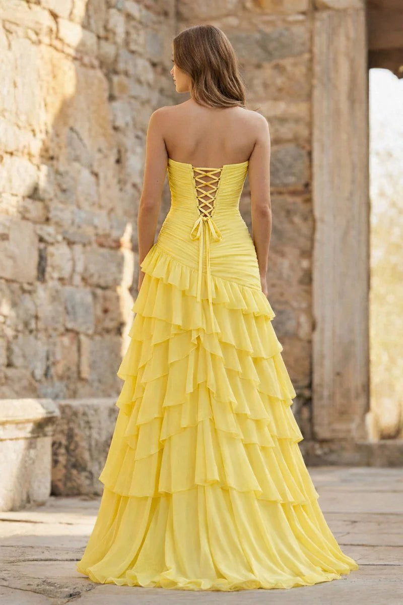 Vibrant Yellow Strapless Ruffled Maxi Gown with Ruched Bodice, Tiered Chiffon Skirt, High Thigh Slit and Lace-Up Back Closure