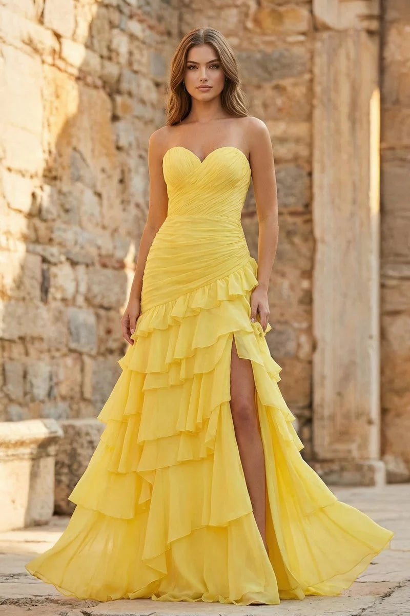 Vibrant Yellow Strapless Ruffled Maxi Gown with Ruched Bodice, Tiered Chiffon Skirt, High Thigh Slit and Lace-Up Back Closure
