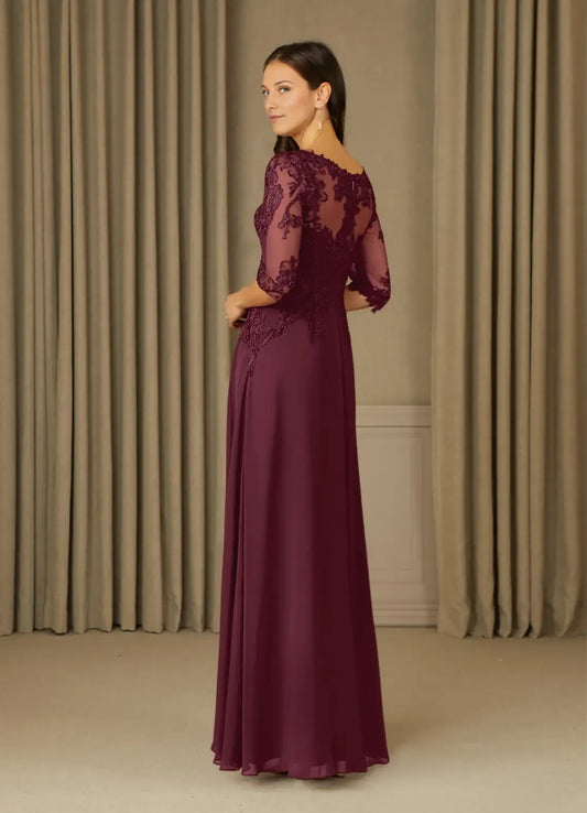Vintage A-Line Lace Chiffon Illusion Boat neck Three-Quarter Sleeve Back Zip Floor-Length Mother of the Bride Dress for women hot sale