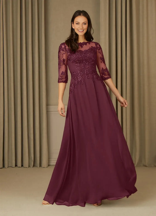 Vintage A-Line Lace Chiffon Illusion Boat neck Three-Quarter Sleeve Back Zip Floor-Length Mother of the Bride Dress for women hot sale