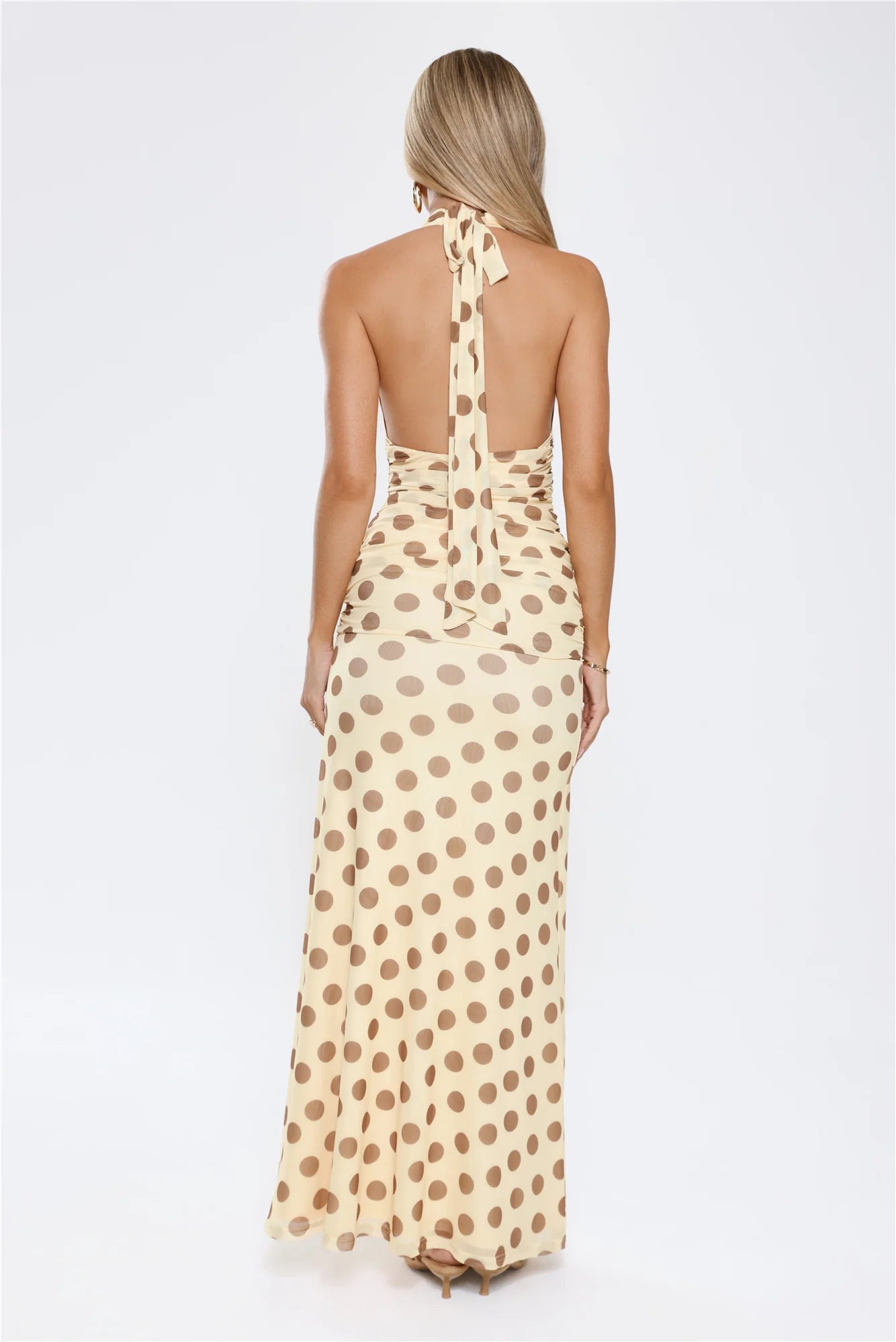 Vintage Cream Polka Dot Halter Maxi Dress with Deep V-Neckline, Ruched Waist Detail, Open Back Tie Closure and Flowing Floor-Length Skirt