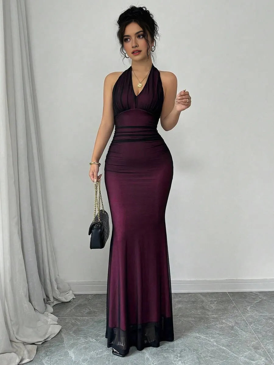 Vintage Mermaid Halter Neck Sleeveless Backless Ruched Mesh-Trimmed Floor-Length Prom Dress ﻿