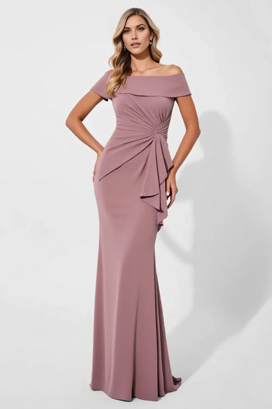 Vintage Mermaid Off-Shoulder Short Sleeve Back Zip Floor-Length Mother of the Bride Dress with Ruffles