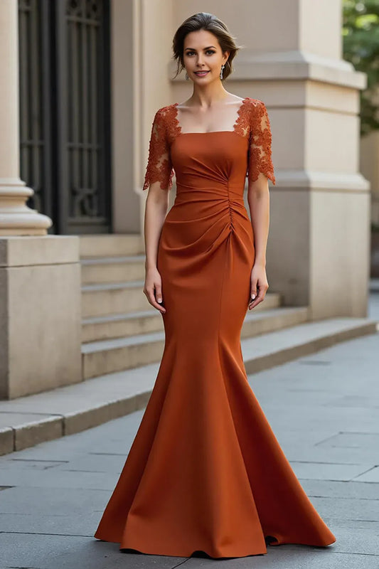 Vintage Satin Rust Square Lace Sleeve V back Ruched Mermaid Mother of the Bride Dress women Custom