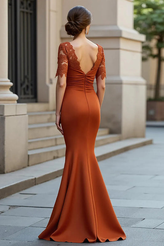 Vintage Satin Rust Square Lace Sleeve V back Ruched Mermaid Mother of the Bride Dress women Custom