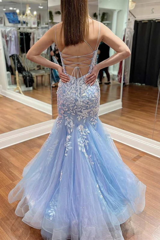 Thin gauze applique deep V long ball dress