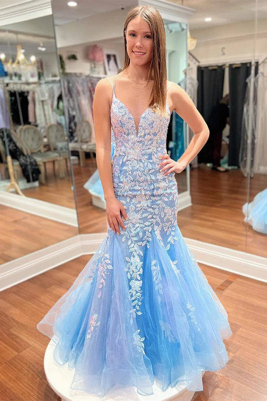 Thin gauze applique deep V long ball dress