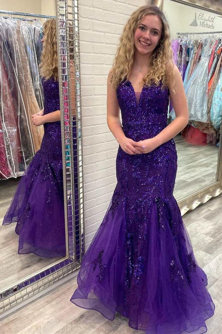 Thin gauze applique deep V long ball dress