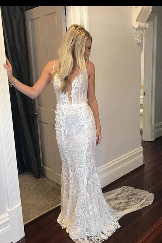 Gorgeous thin shoulder strap V-neck decal wedding dress