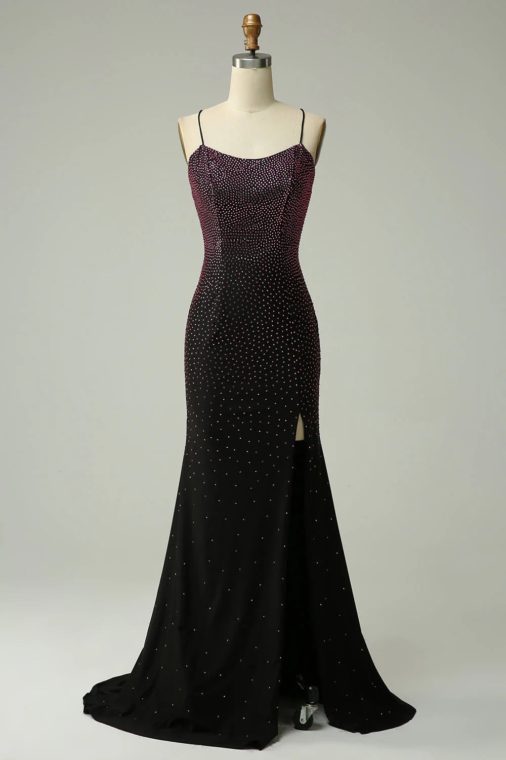 Deep purple mermaid spaghetti strap beaded backless ball gown