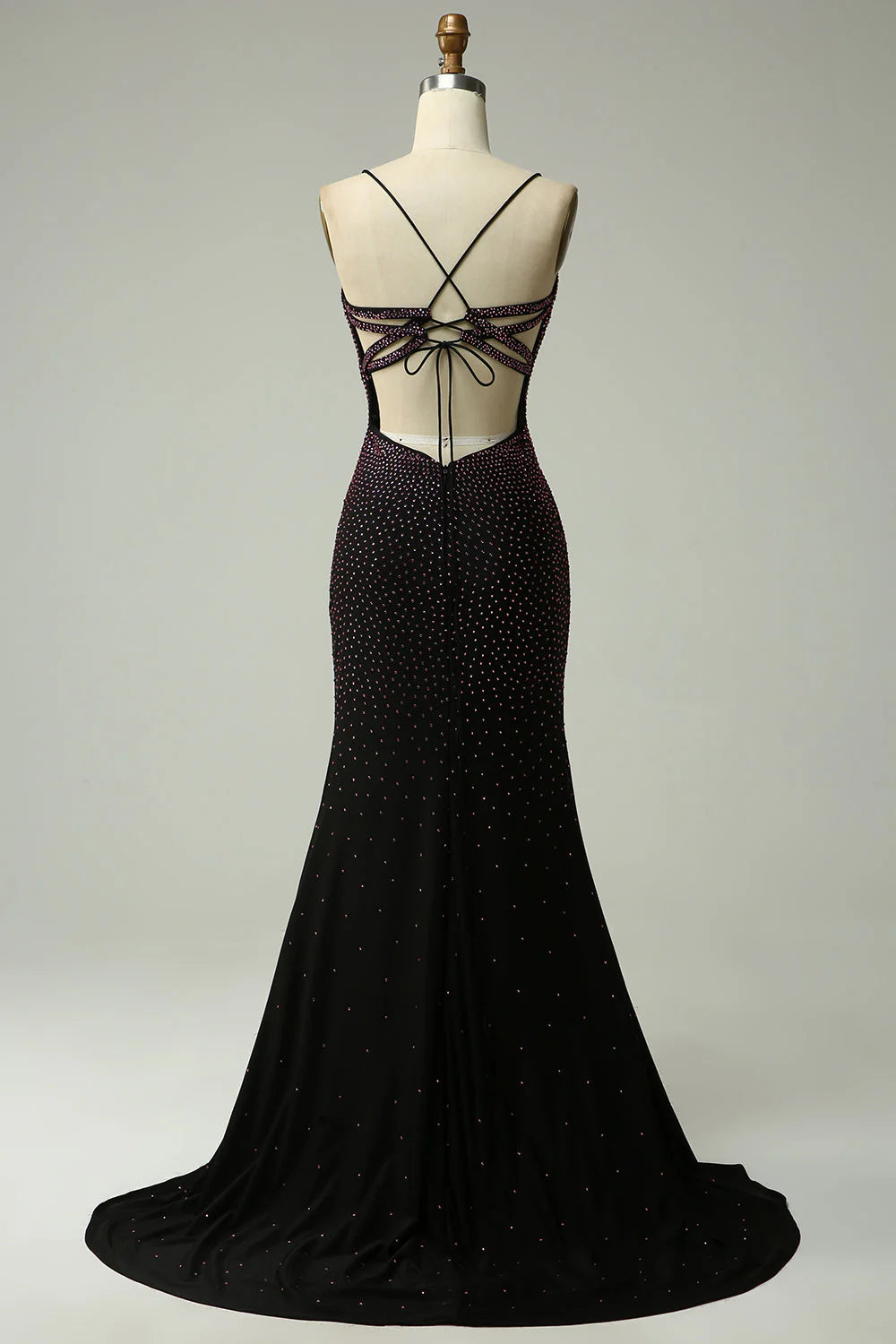 Deep purple mermaid spaghetti strap beaded backless ball gown