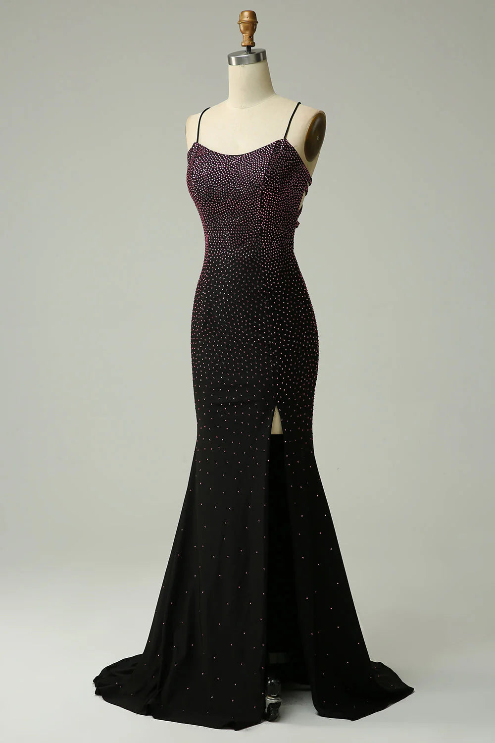 Deep purple mermaid spaghetti strap beaded backless ball gown