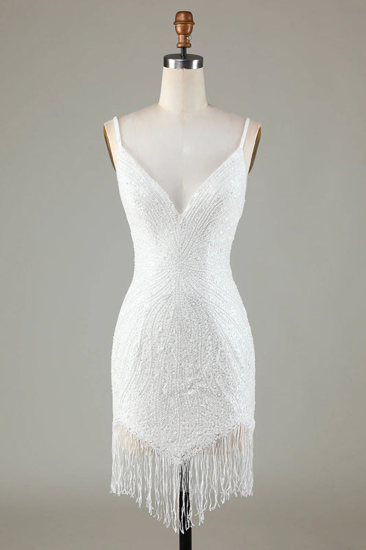 Sparkling deep V-strap back beaded short tassel back to school dress