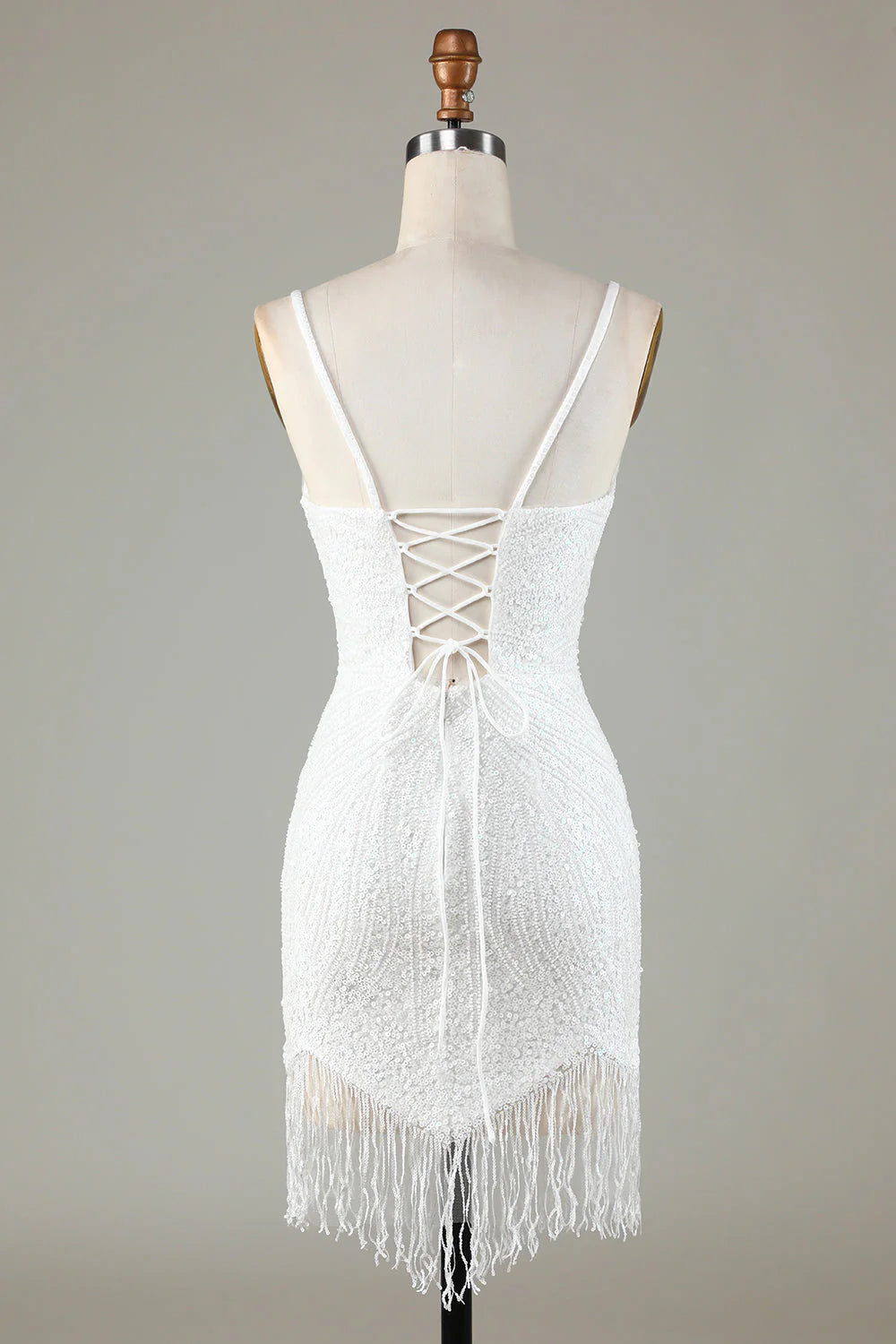 Sparkling deep V-strap back beaded short tassel back to school dress