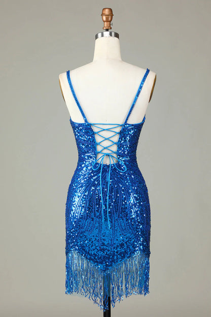 Sparkling deep V-strap back beaded short tassel back to school dress