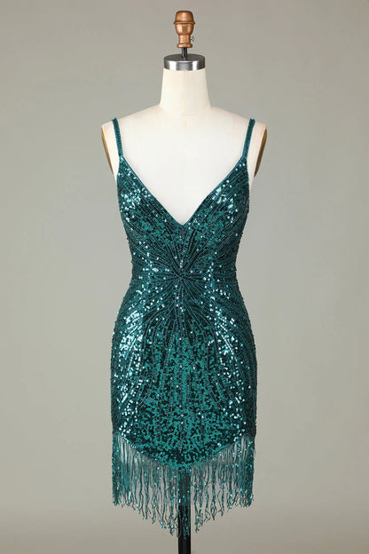 Sparkling deep V-strap back beaded short tassel back to school dress