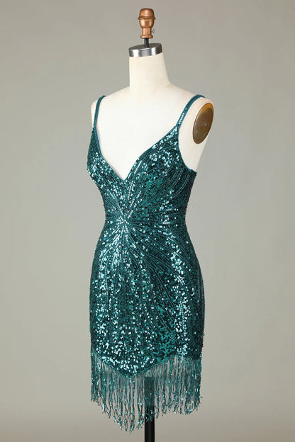 Sparkling deep V-strap back beaded short tassel back to school dress