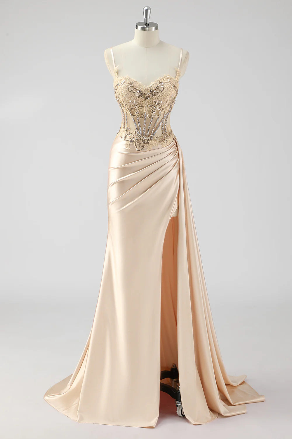 Champagne Mermaid Side Cape Sequins Long Corset Satin Prom Dress With Slit