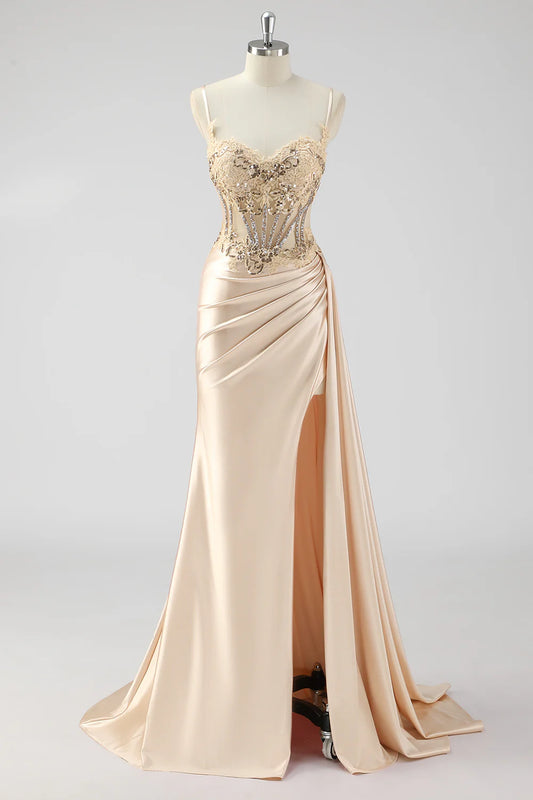 Champagne Mermaid Side Cape Sequins Long Corset Satin Prom Dress With Slit