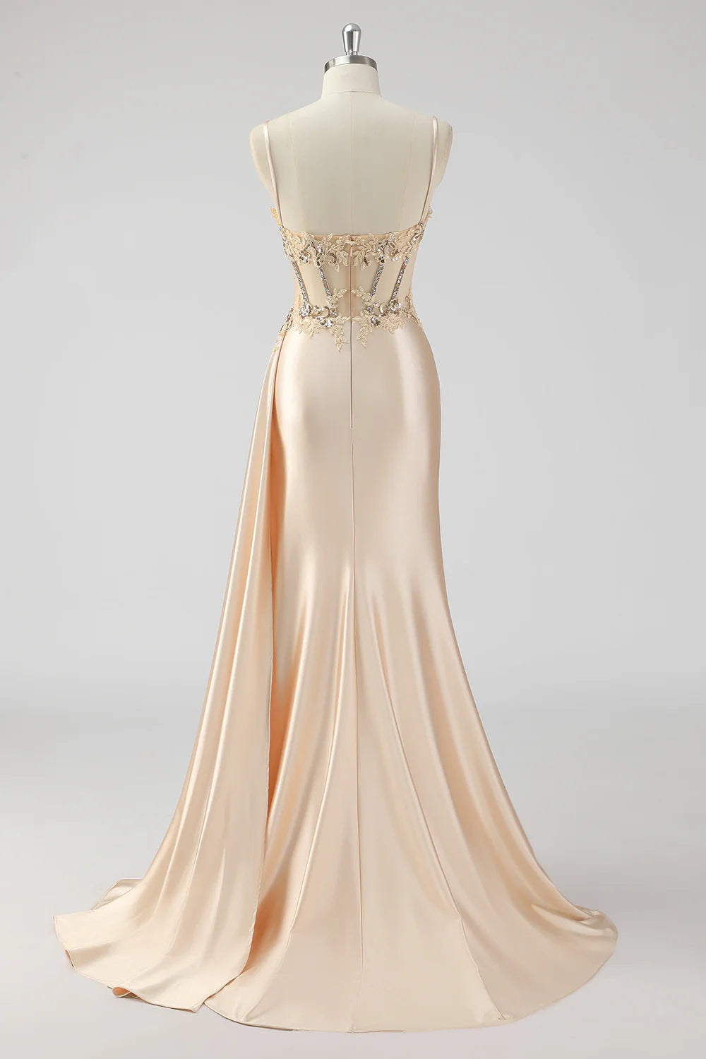Champagne Mermaid Side Cape Sequins Long Corset Satin Prom Dress With Slit