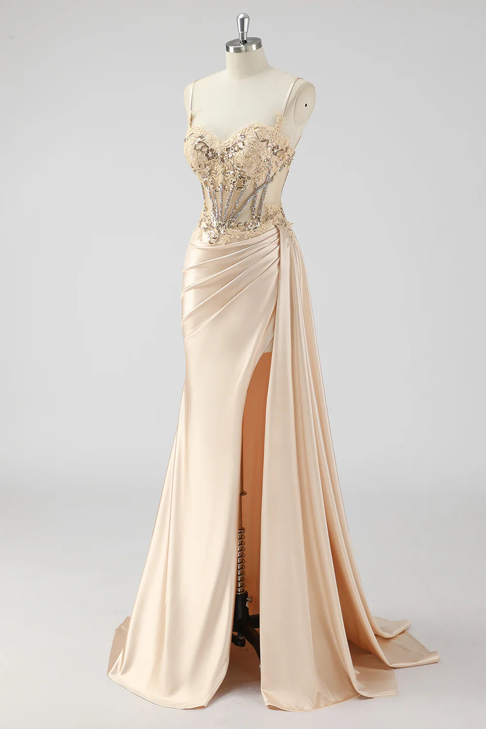 Champagne Mermaid Side Cape Sequins Long Corset Satin Prom Dress With Slit