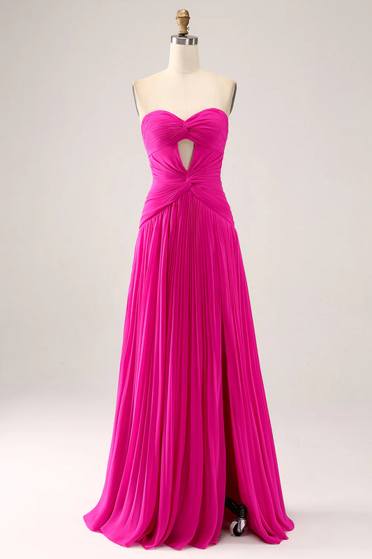 A-line pleated hollow out long slit dress