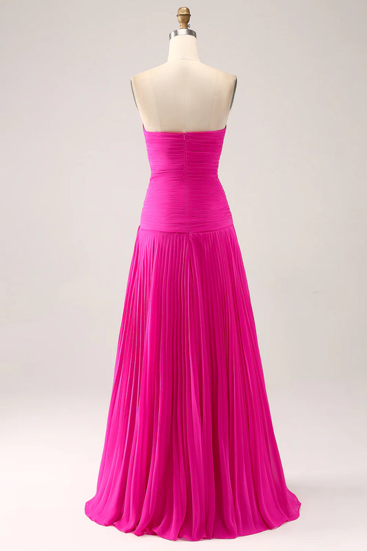 A-line pleated hollow out long slit dress