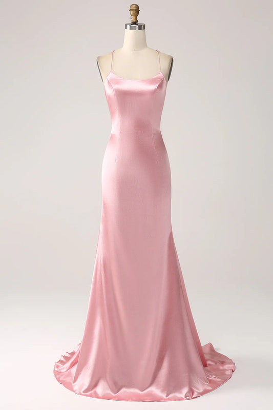 Mermaid Slim Strap Backless Long powder blusher Prom Dress