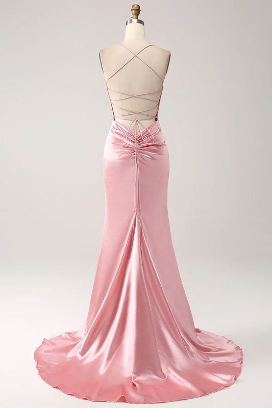 Mermaid Slim Strap Backless Long powder blusher Prom Dress