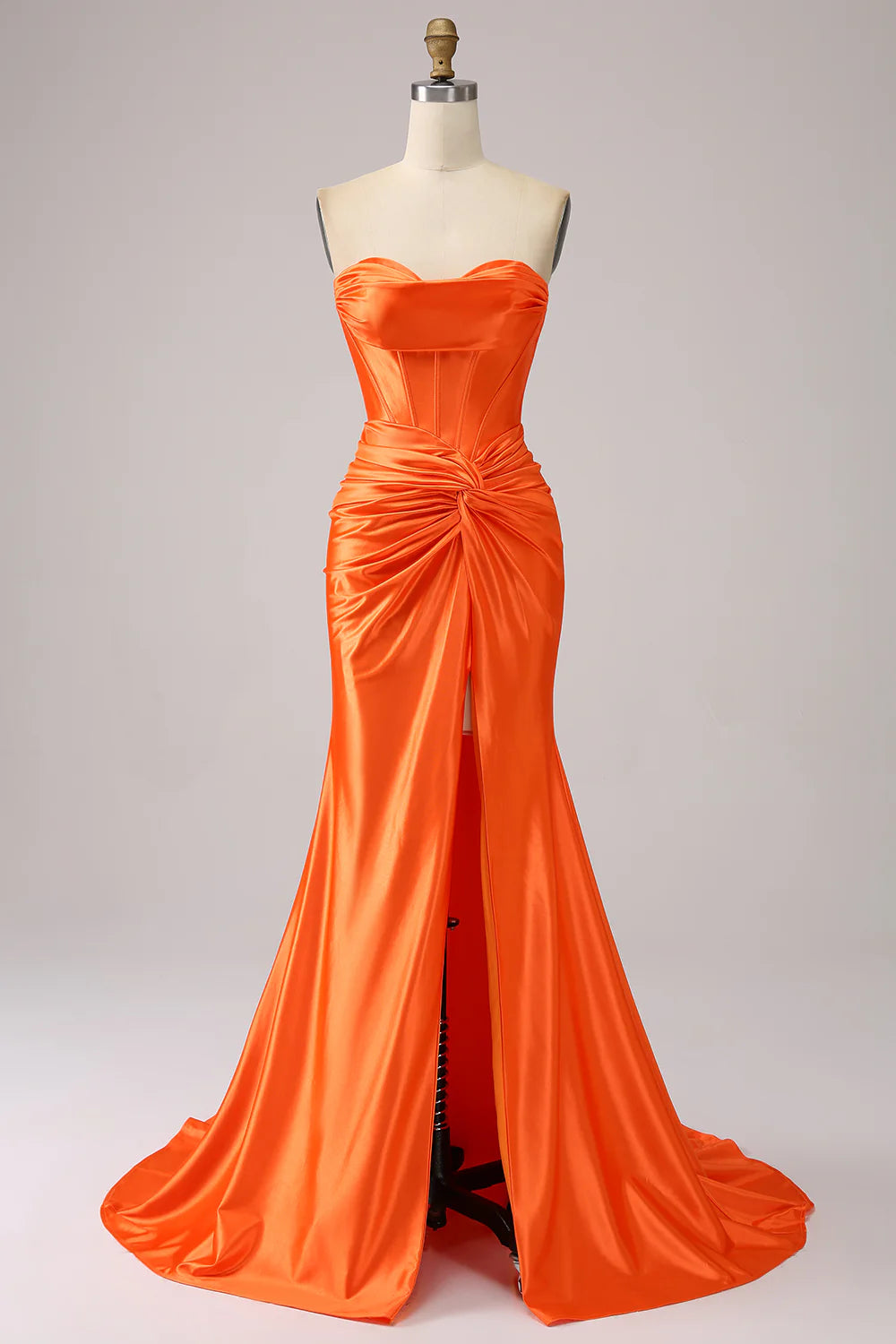 Orange Mermaid Sweetheart Corset Pleated Long Prom Dress with Slit