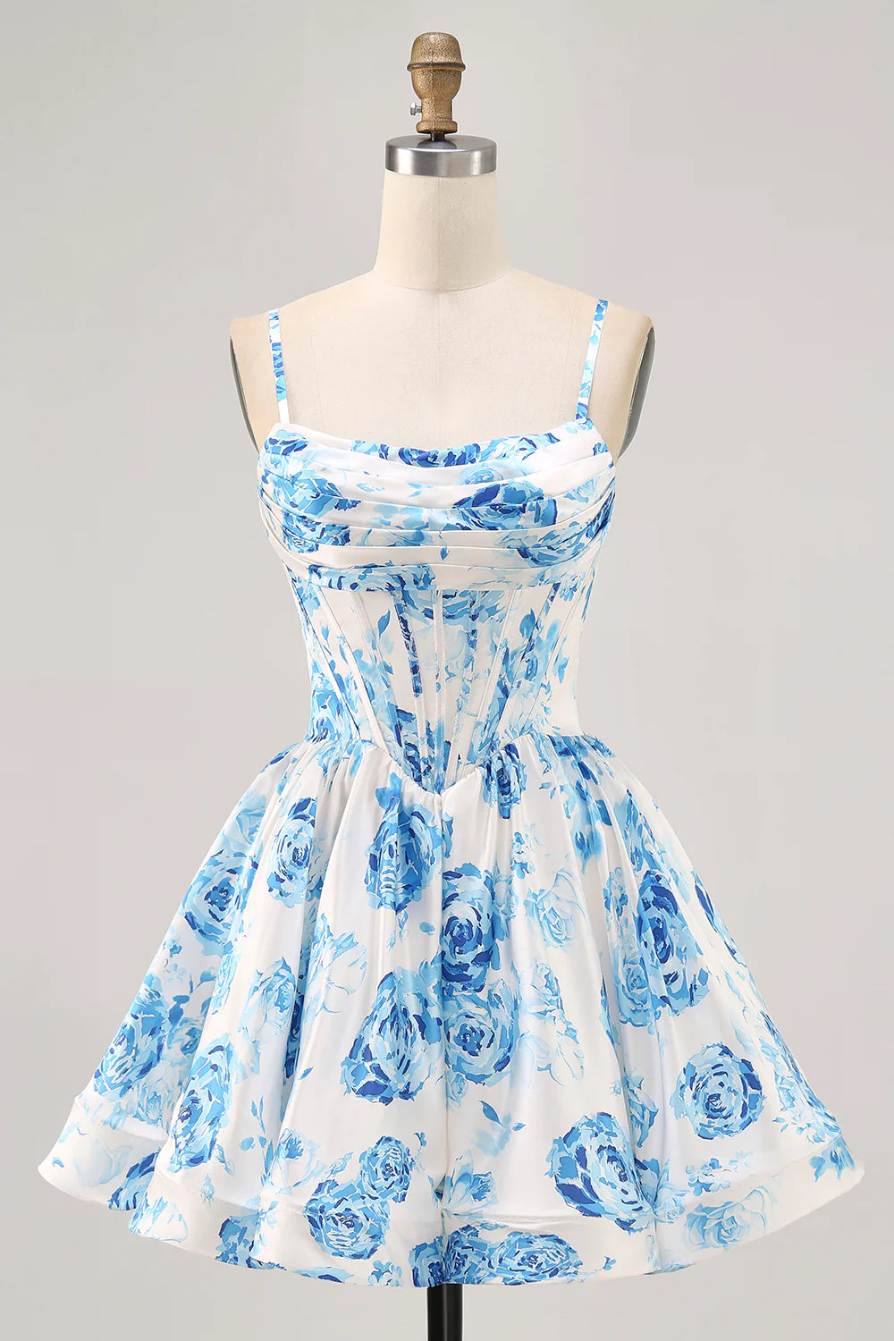 White and blue floral A-line short homecoming dress with corset bodice and lace-up back.