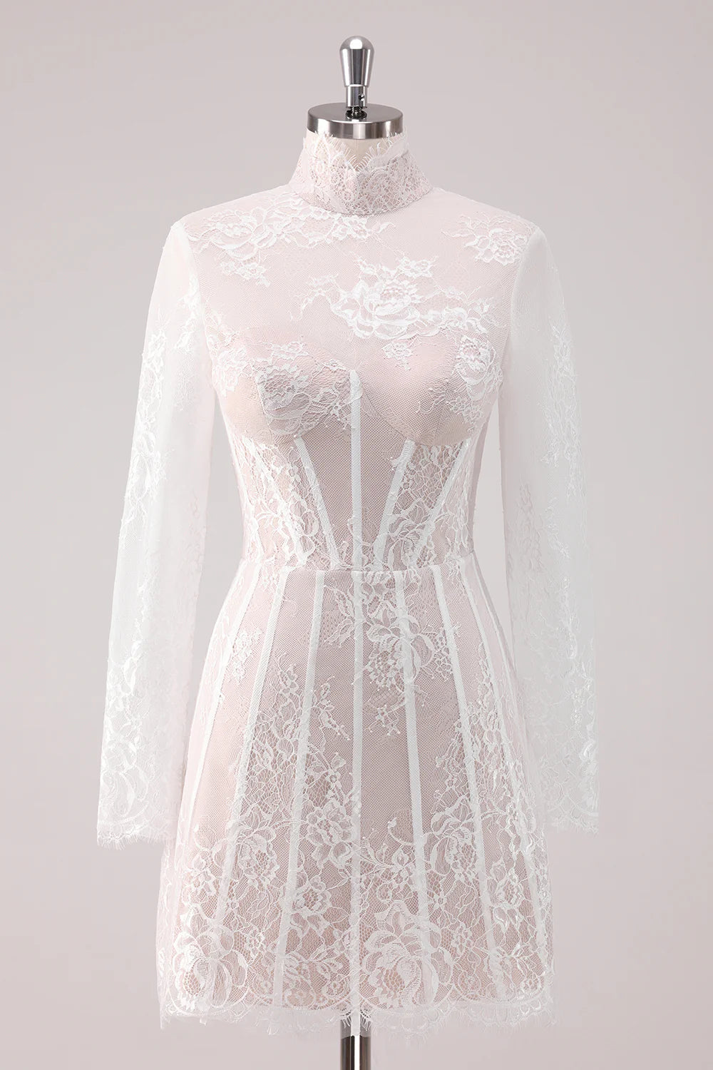 Model wearing a white lace A-line high neck long sleeve short homecoming dress.