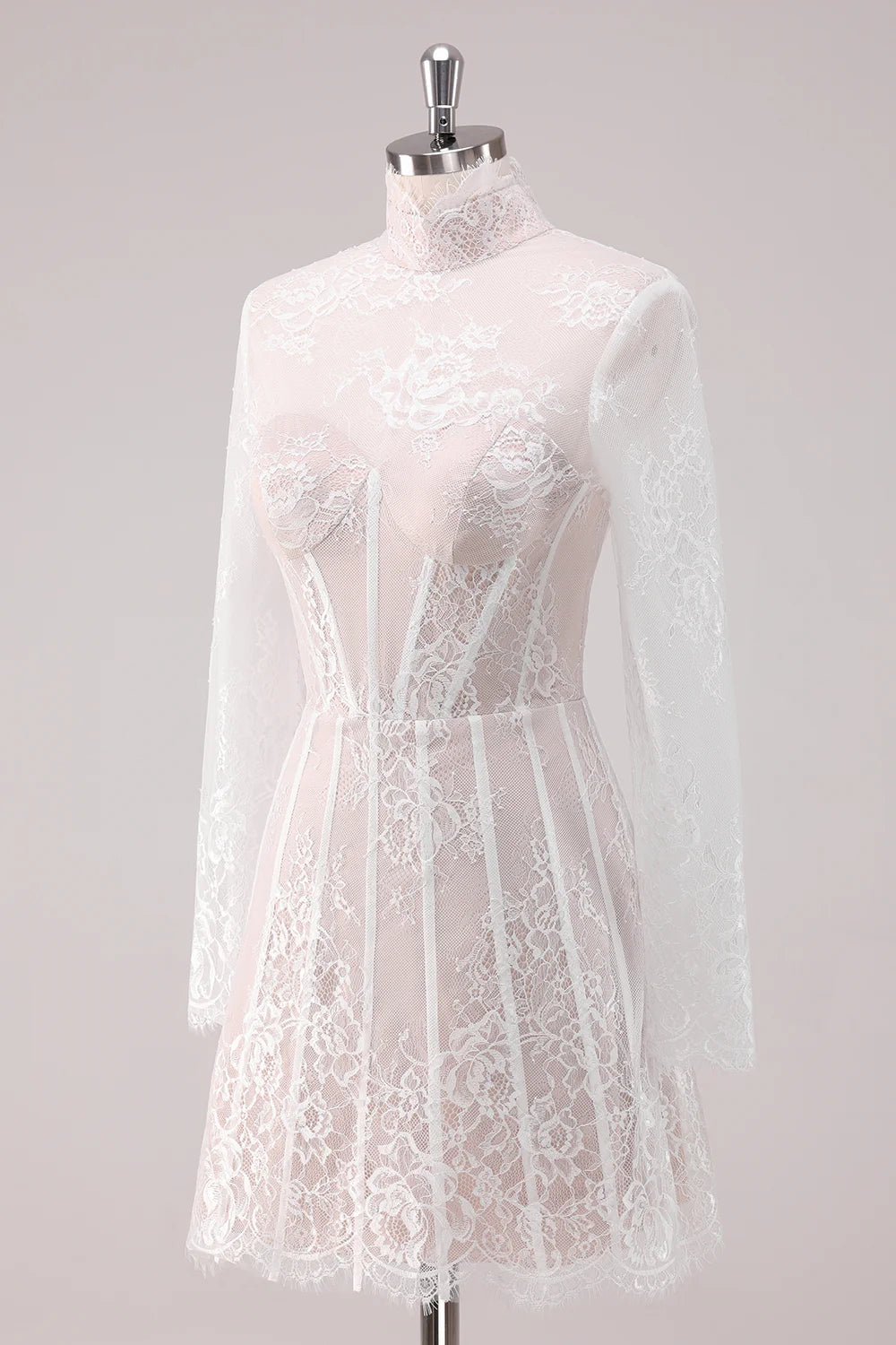 Another view of a model in a white lace A-line high neck long sleeve short homecoming dress.