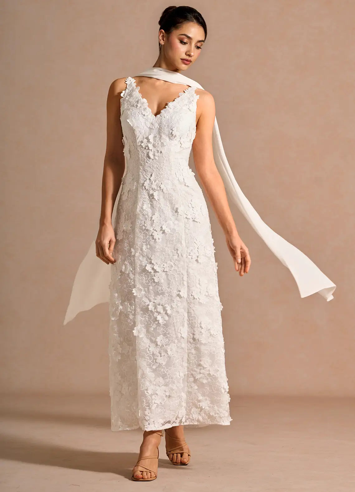 White 3D Floral Lace Spaghetti Strap Draped Back A-Line Maxi Evening Dresses