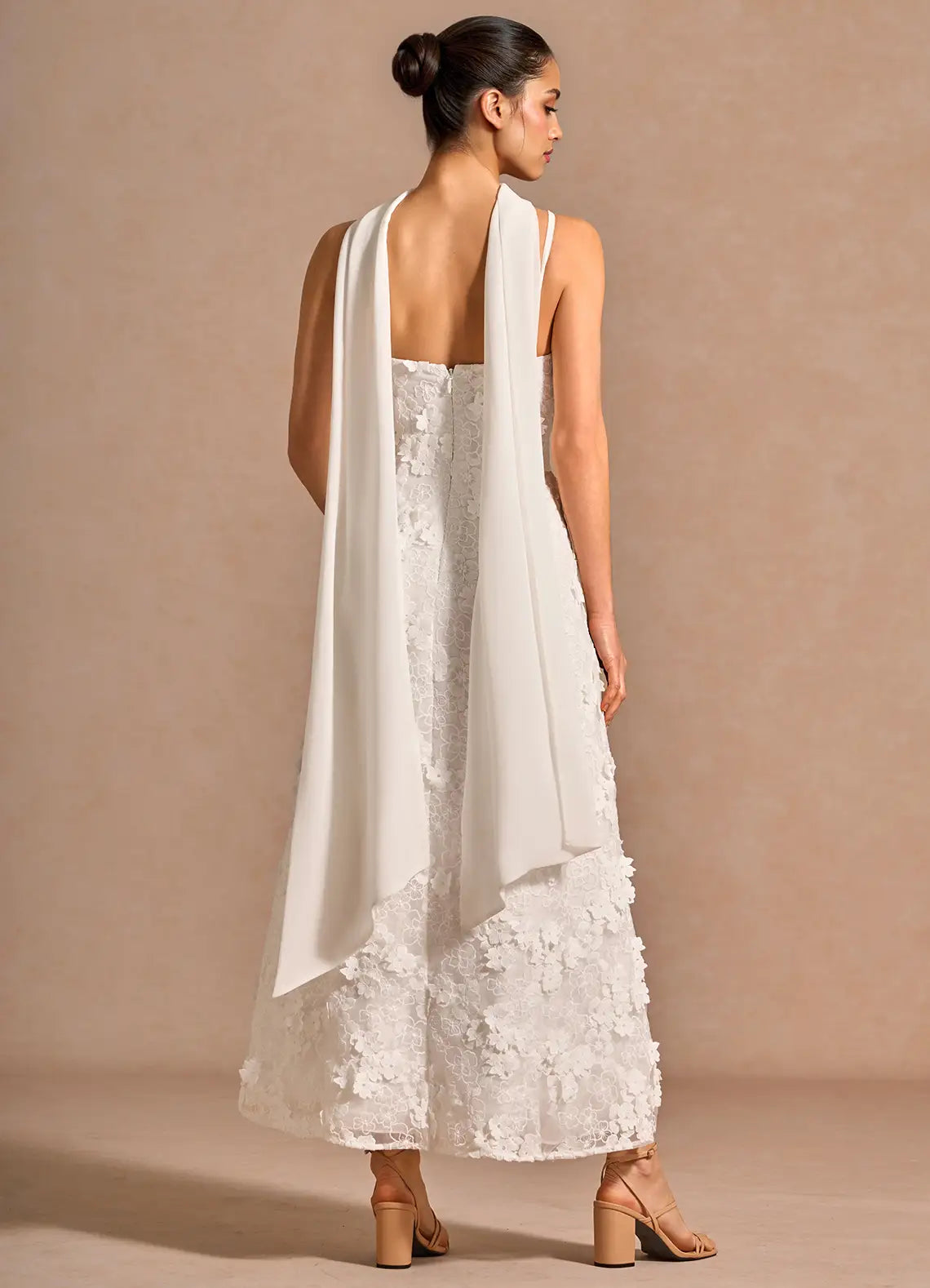 White 3D Floral Lace Spaghetti Strap Draped Back A-Line Maxi Evening Dresses
