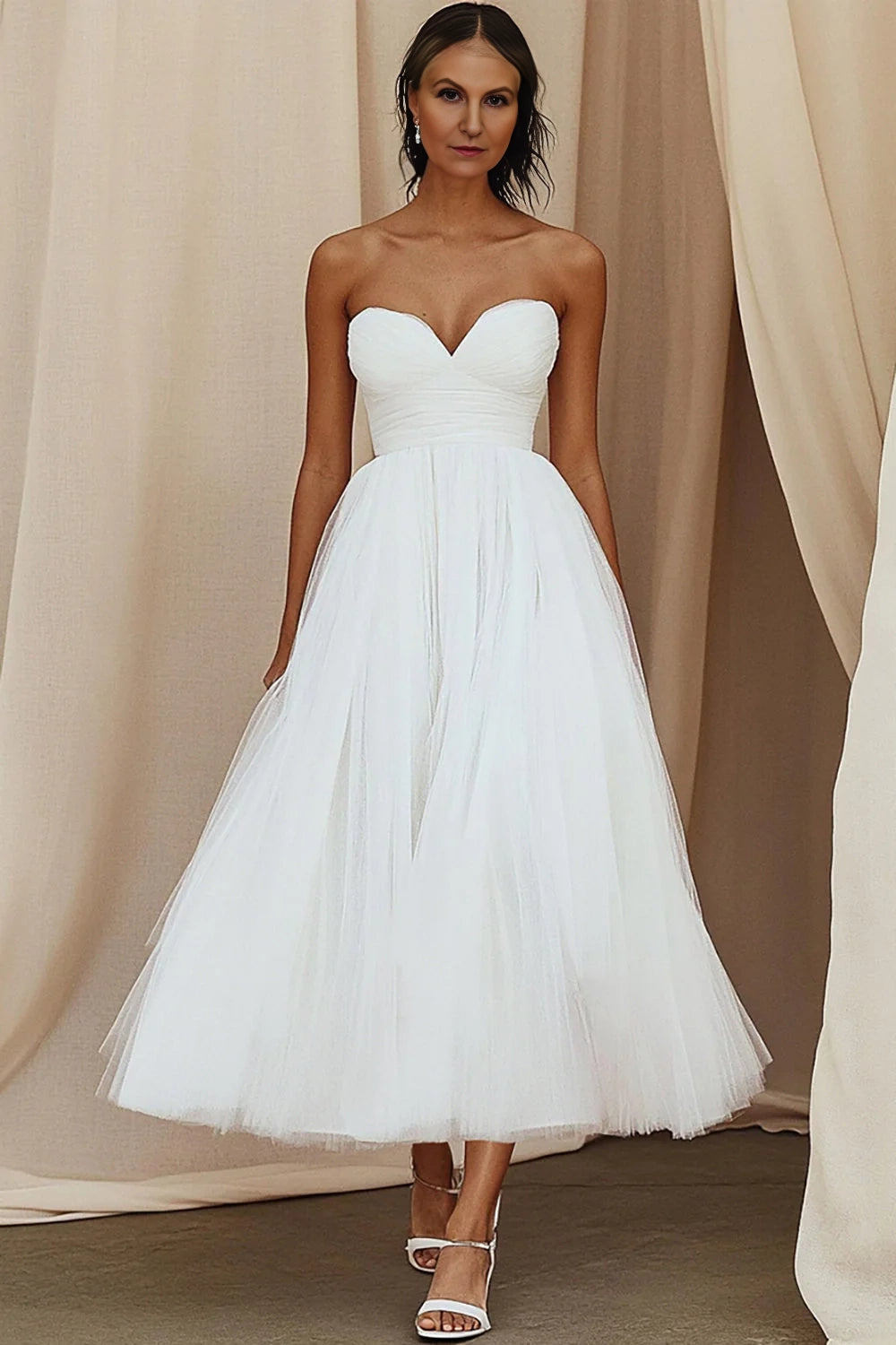 White A-Line Sweetheart Tulle Ankle Length Formal Dress
