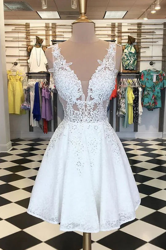 White A-Line V-Neck Illusion Lace Appliques Short Cocktail Homecoming Dress