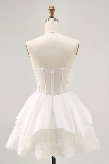 White A-line Strapless Satin Corset Mini Dress