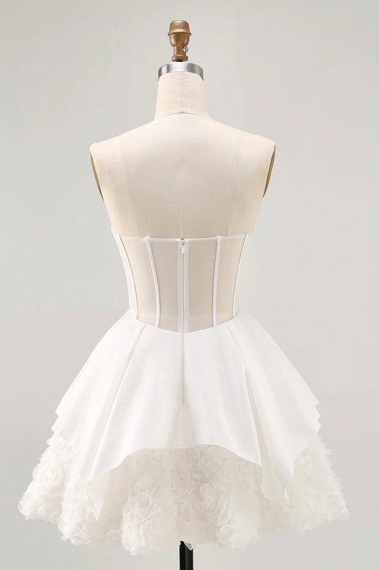 White A-line Strapless Satin Corset Mini Dress