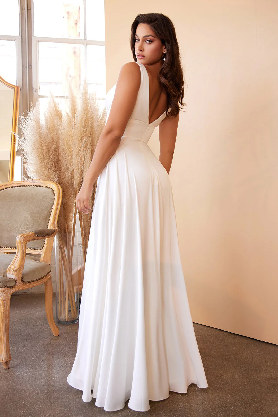 White A-line deep V-back dress with side slit