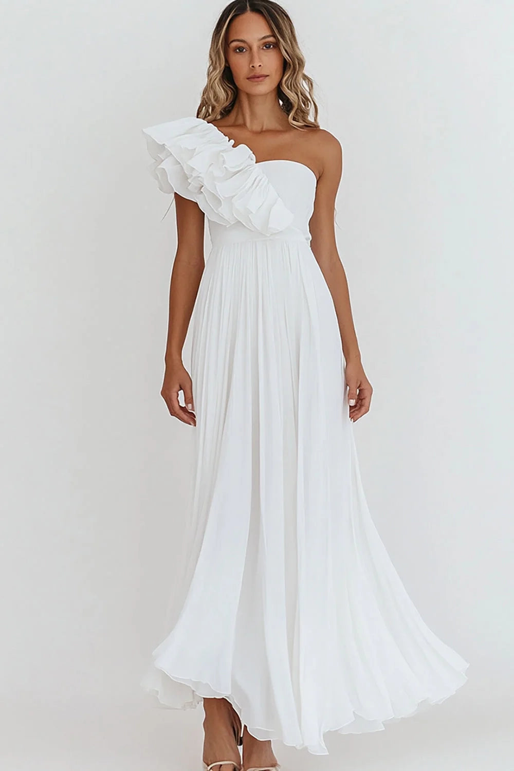 White A Line One Shoulder Long Formal Dress with Ruffles